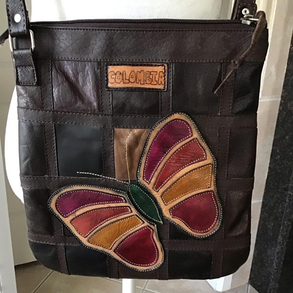 Leather Crossbody Purse Medellin Colombia Patchwork Butterfly Handmade Vintage - Picture 11 of 16